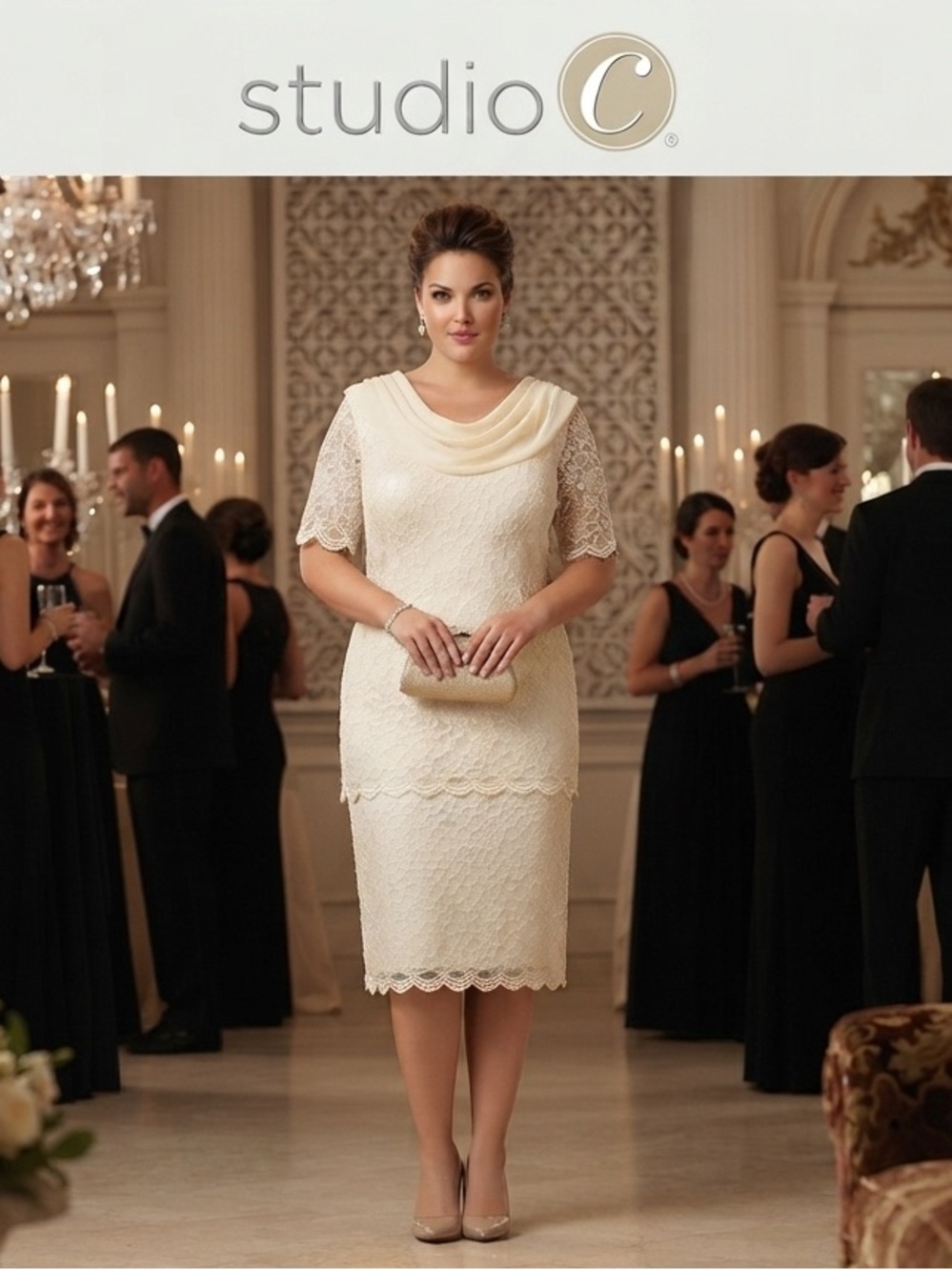 Vintage Studio C Ivory Lace Midi Dress with Draped Neckline